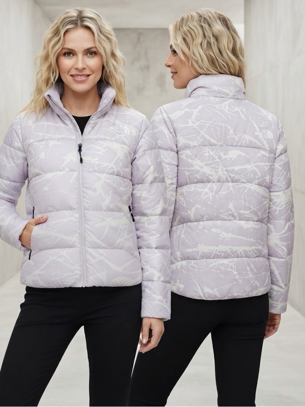 The North Face NSE 2000 Puffer Jacket in Lavender Splatter Print Down Parka Coat